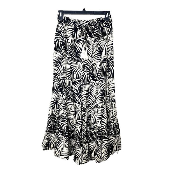 True Destinations Size L Palazzo Pants Ruffle Wide Leg Pull On Palm Print - Picture 1 of 11